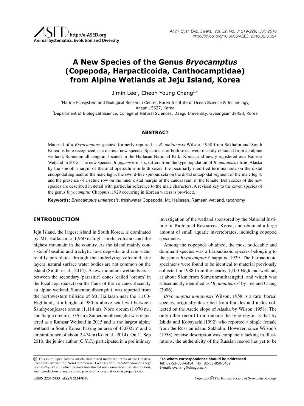 A New Species of the Genus Bryocamptus (Copepoda, Harpacticoida, Canthocamptidae) from Alpine Wetlands at Jeju Island, Korea