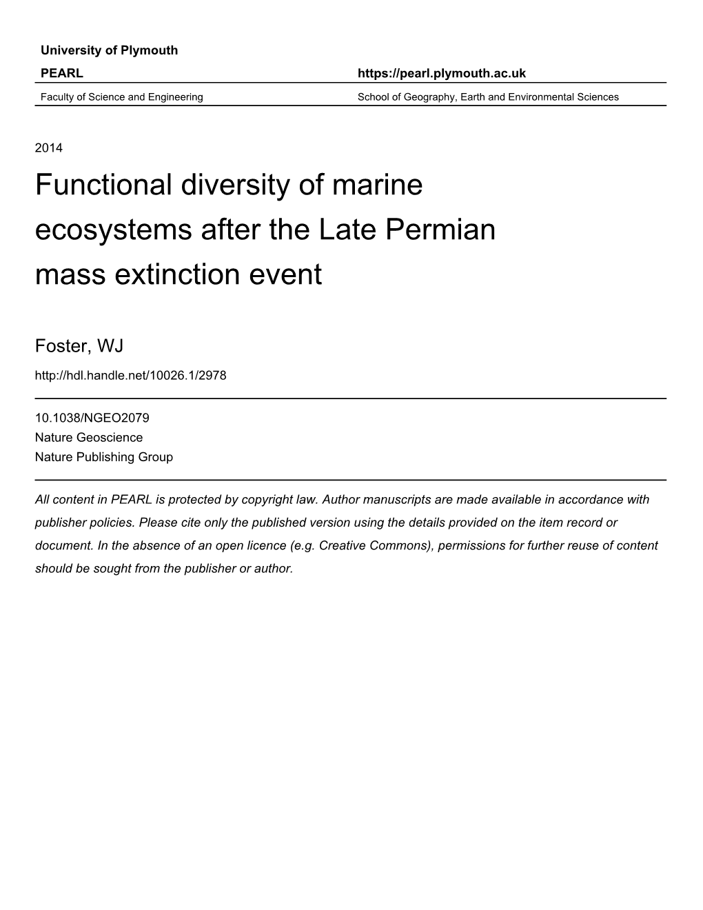 Title: Functional Diversity of Marine Ecosystems After the Late Permian Mass