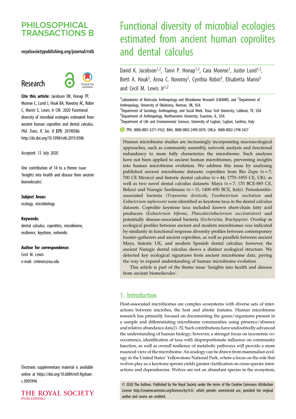 Functional Diversity of Microbial Ecologies Estimated from Ancient Human Coprolites Royalsocietypublishing.Org/Journal/Rstb and Dental Calculus