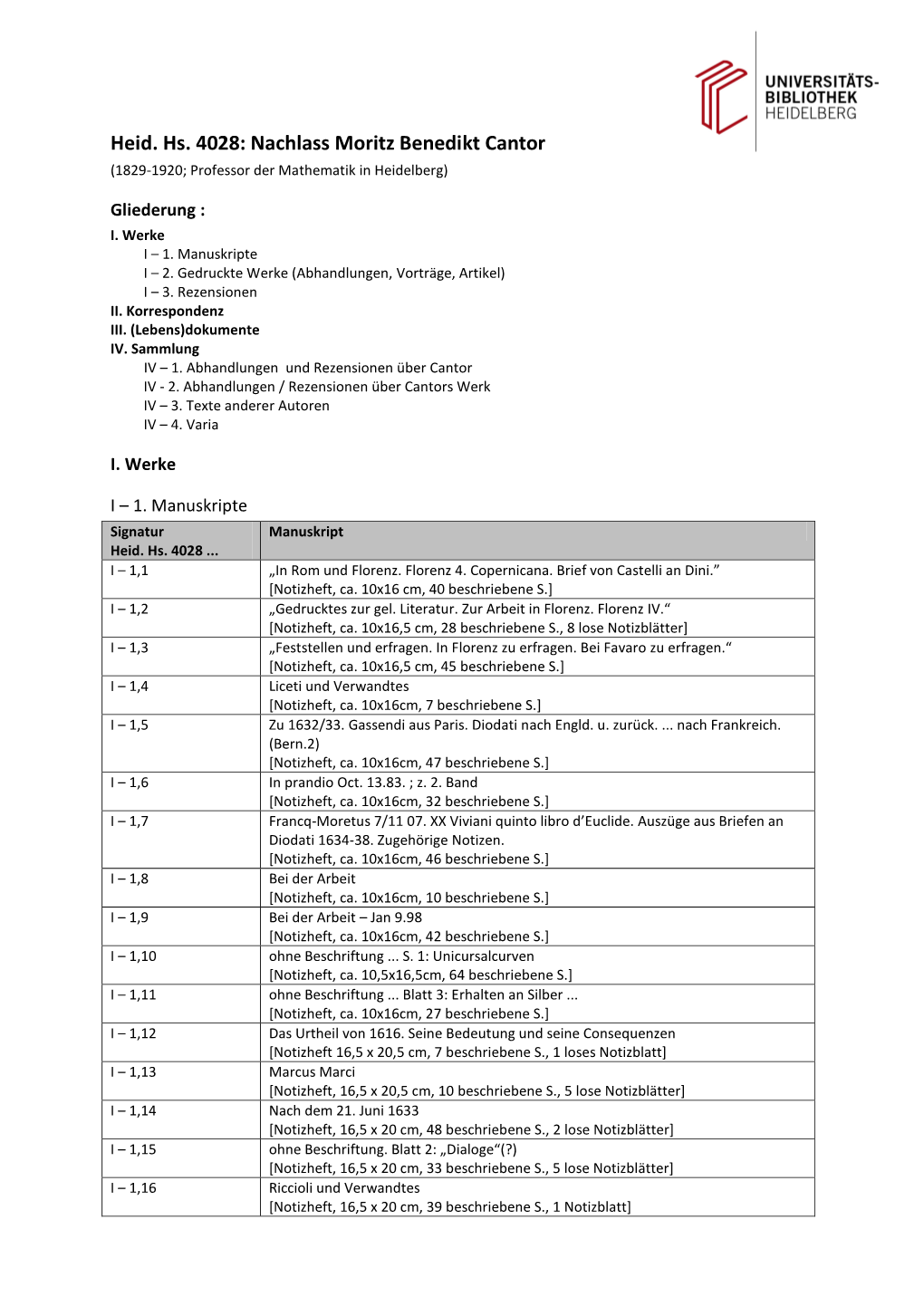 Heid. Hs. 4028: Nachlass Moritz Benedikt Cantor (1829-1920; Professor Der Mathematik in Heidelberg)