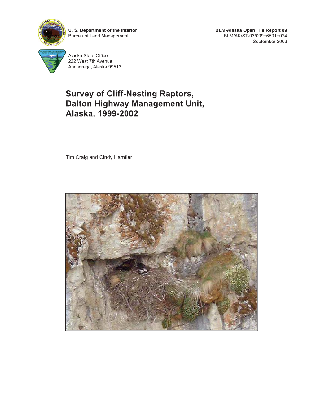 Survey of Cliff-Nesting Raptors, Dalton Highway Management Unit, Alaska, 1999-2002