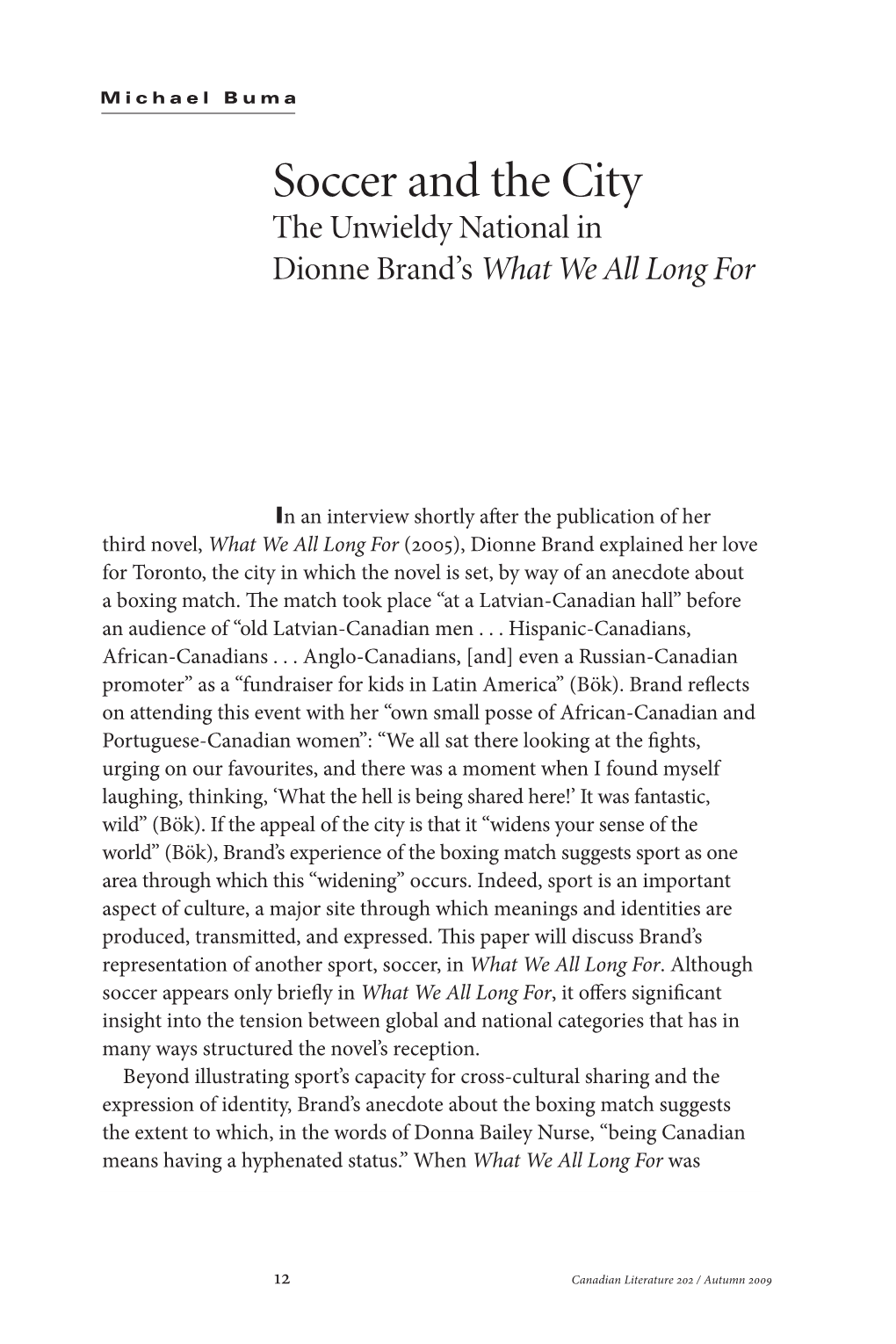 Soccer and the City the Unwieldy National in Dionne Brand’S What We All Long For