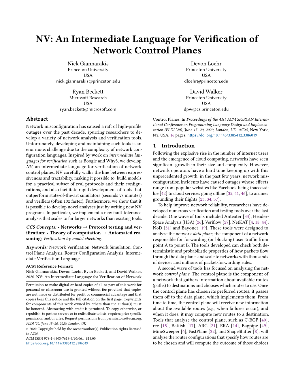 NV: an Intermediate Language for Verification of Network Control Planes