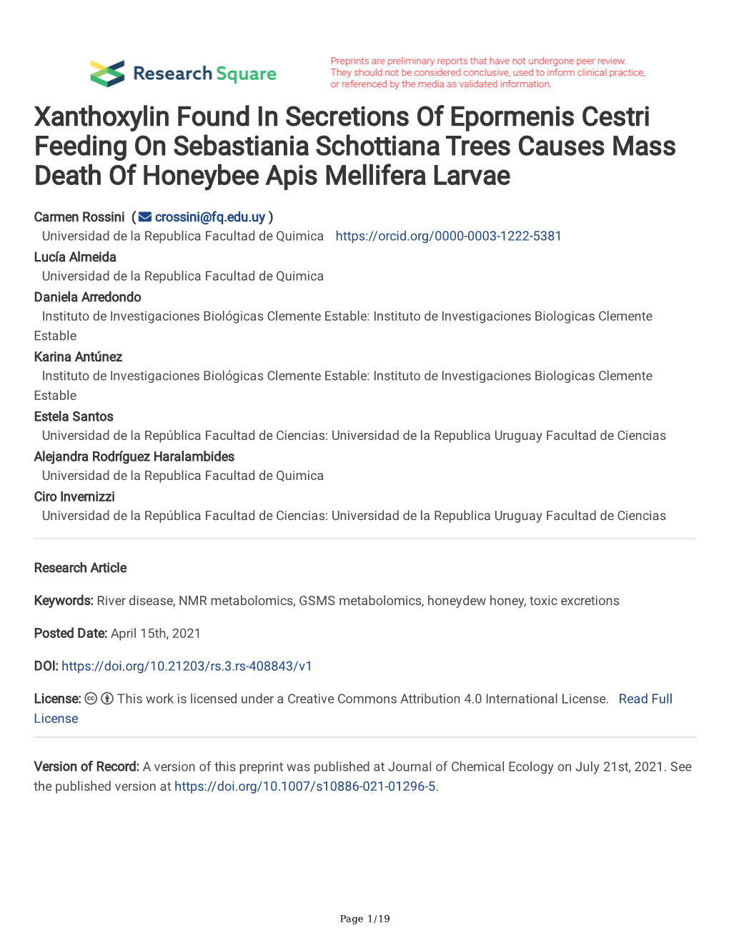 Xanthoxylin Found in Secretions of Epormenis Cestri Feeding on Sebastiania Schottiana Trees Causes Mass Death of Honeybee Apis Mellifera Larvae