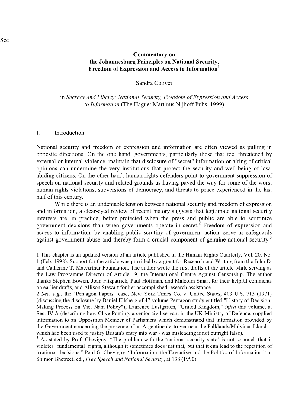 Commentary on the Johannesburg Principles on National Security, Freedom of Expression and Access to Information1