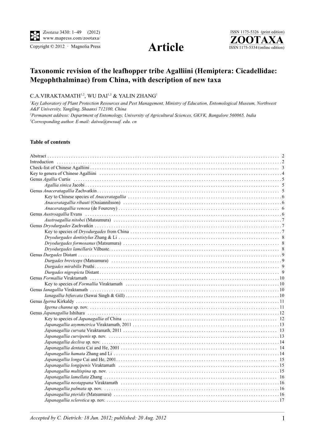 Taxonomic Revision of the Leafhopper Tribe Agalliini (Hemiptera: Cicadellidae: Megophthalminae) from China, with Description of New Taxa