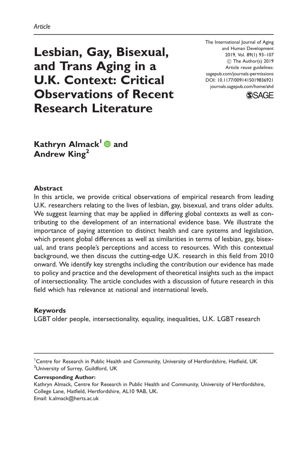 Lesbian, Gay, Bisexual, and Trans Aging in a U.K. Context: Critical