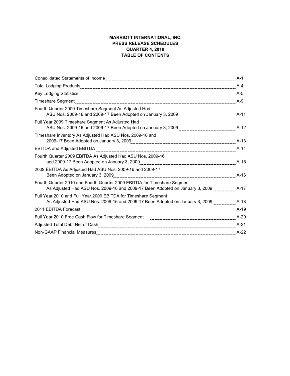 Consolidated Statements of Income A-1 Total Lodging Products A-4 Key