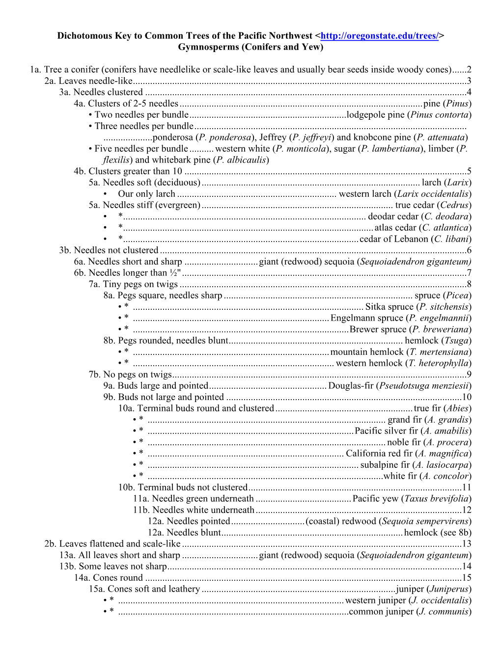 Dichotomous Key to Common Trees of the Pacific Northwest &lt; Gymnosperms (Conifers and Yew) 1A