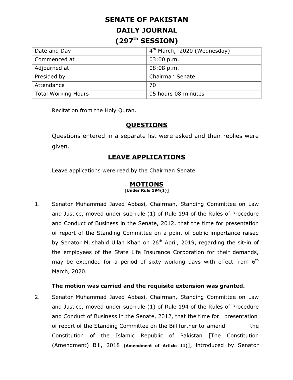 SENATE of PAKISTAN DAILY JOURNAL (297Th SESSION) Date and Day 4Th March, 2020 (Wednesday) Commenced at 03:00 P.M