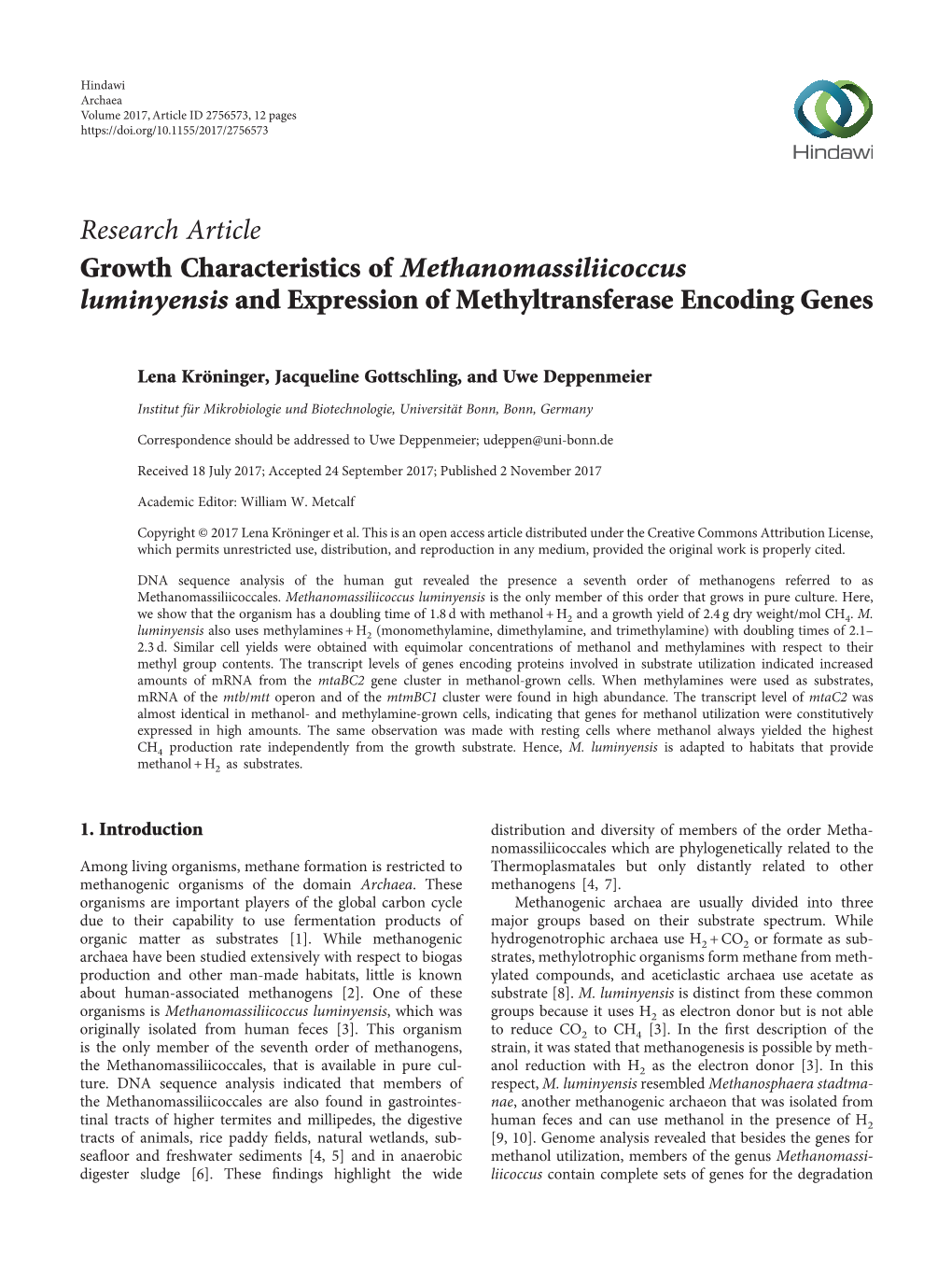 Growth Characteristics of Methanomassiliicoccus Luminyensis and Expression of Methyltransferase Encoding Genes