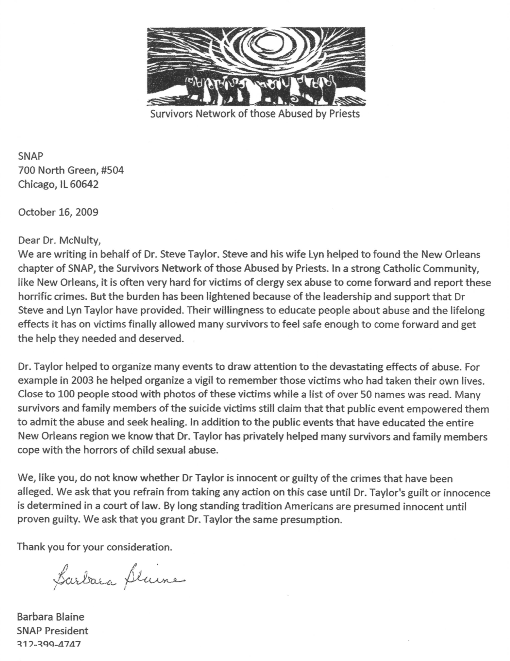 Barbara Blaine 2009 Letter for Dr. Steve Taylor