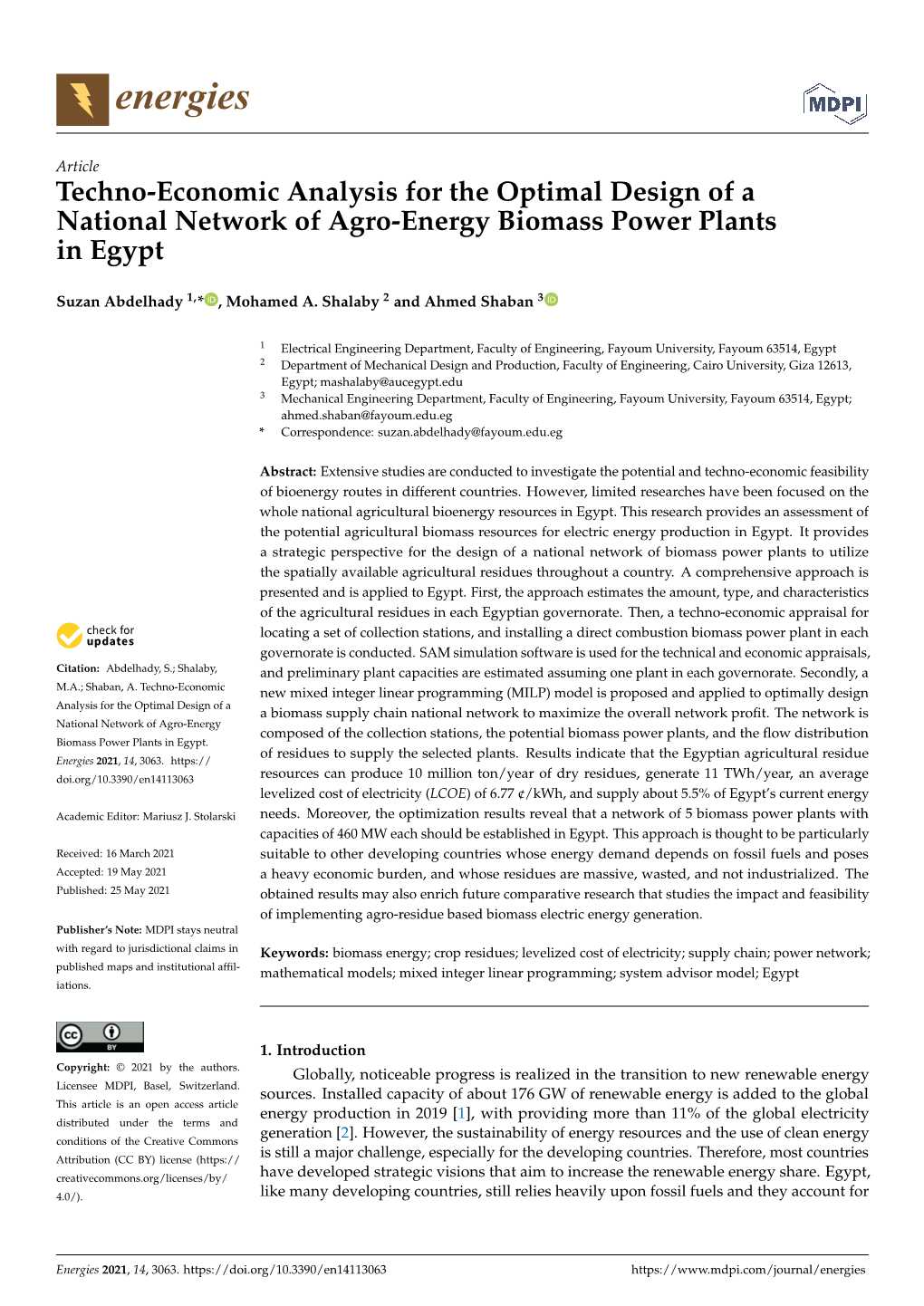Techno-Economic Analysis for the Optimal Design of a National Network of Agro-Energy Biomass Power Plants in Egypt