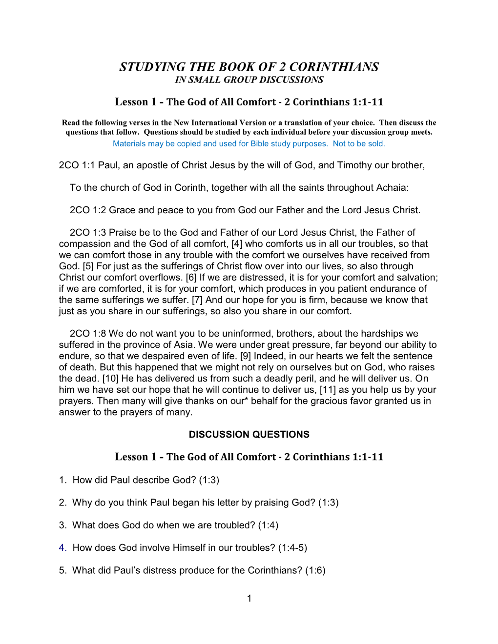 Studying the Book of 2 Corinthians in Small Group Discussions