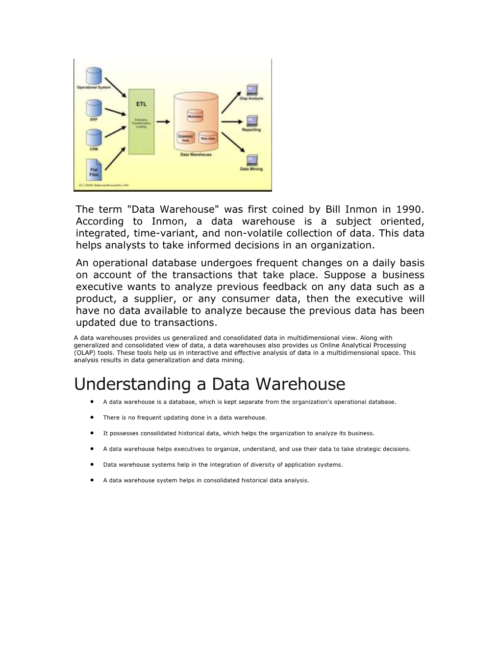 Understanding a Data Warehouse  a Data Warehouse Is a Database, Which Is Kept Separate from the Organization's Operational Database