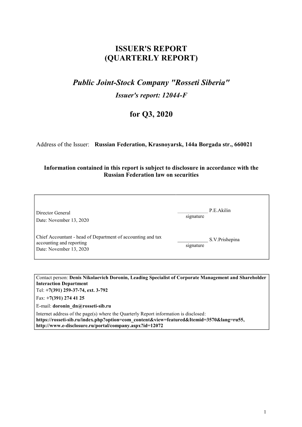 ISSUER's REPORT (QUARTERLY REPORT) Public Joint-Stock Company "Rosseti Siberia" for Q3, 2020