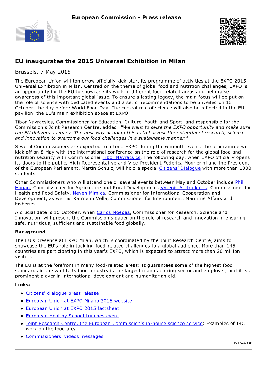 EU Inaugurates the 2015 Universal Exhibition in Milan