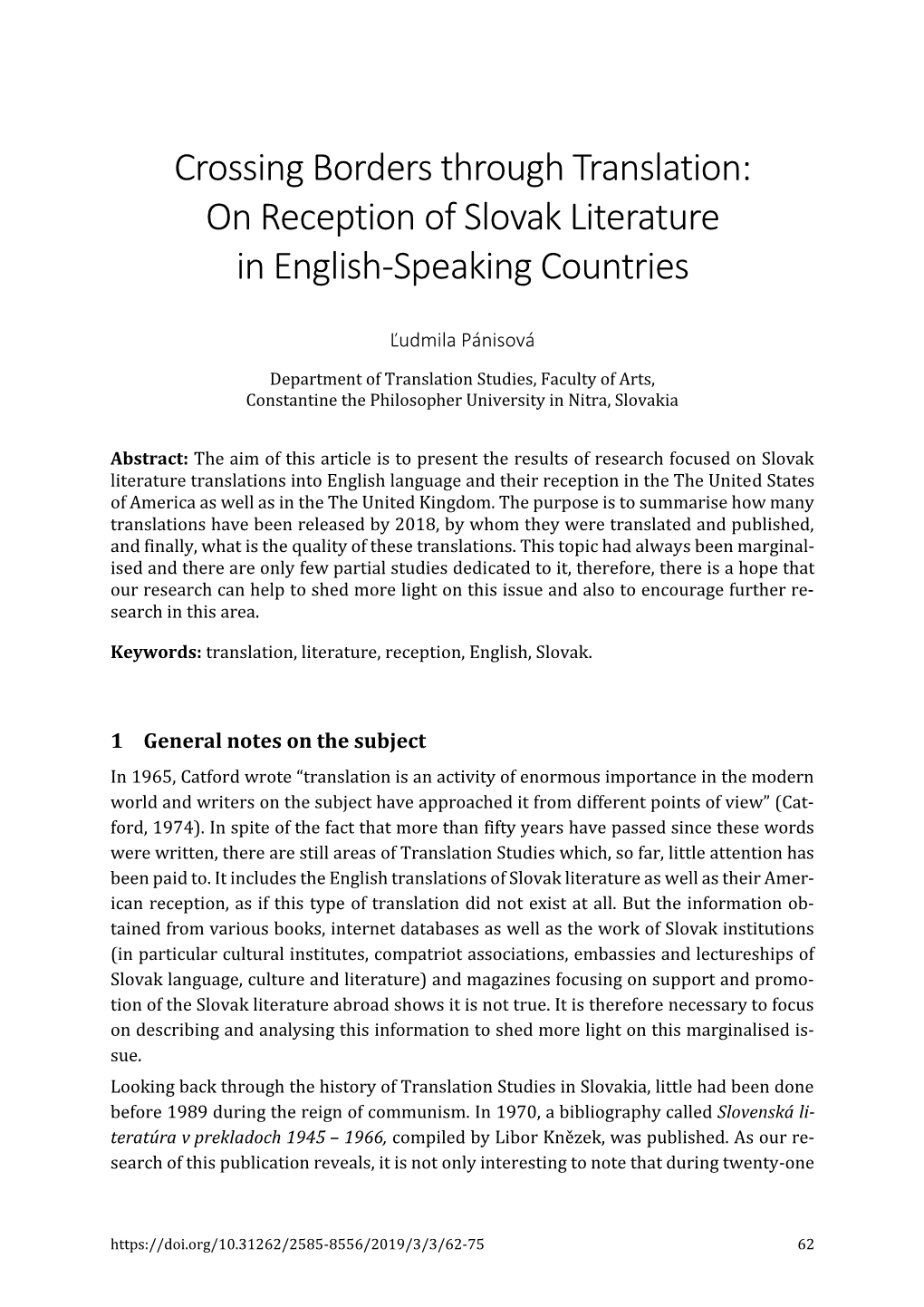 Crossing Borders Through Translation: on Reception of Slovak Literature in English-Speaking Countries