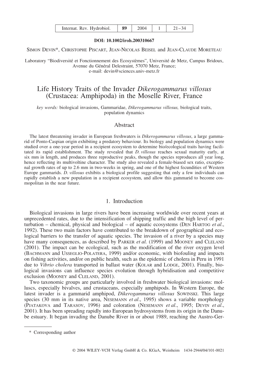 Life History Traits of the Invader Dikerogammarus Villosus (Crustacea: Amphipoda) in the Moselle River, France