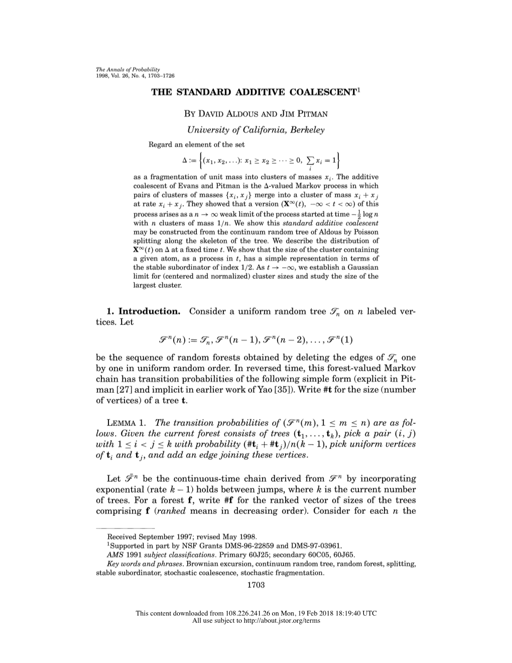 Y, Yn(N - 1), Y7n(N - 2), 5N(L) Be the Sequence of Random Forests Obtained by Deleting the Edges of 5N One by One in Uniform Random Order