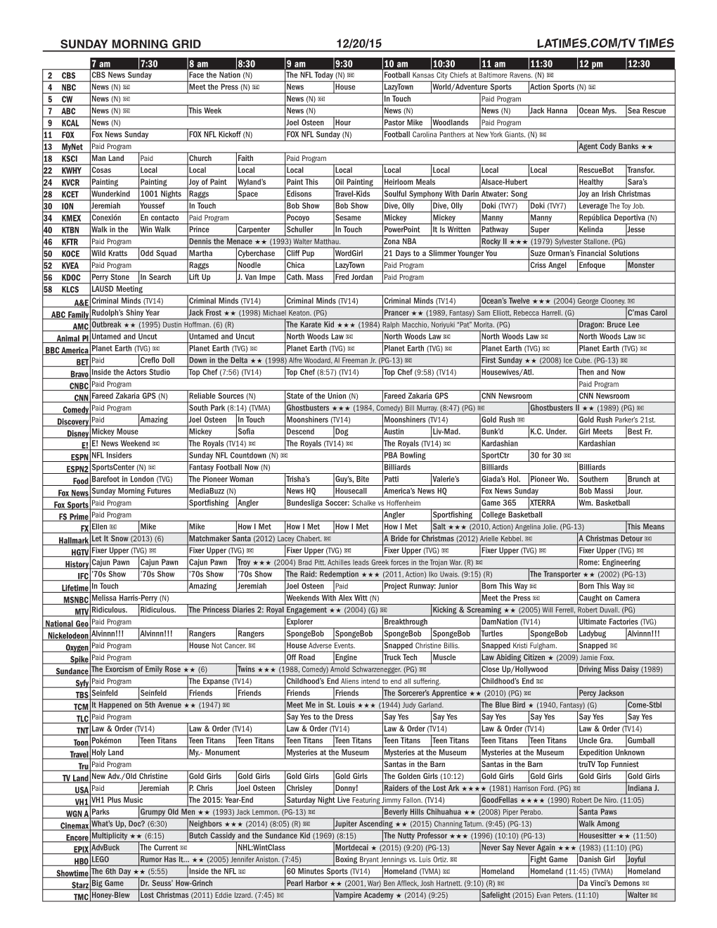 Sunday Morning Grid 12/20/15 Latimes.Com/Tv Times