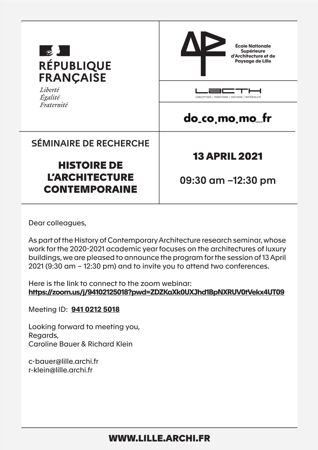 SÉMINAIRE DE RECHERCHE 13 APRIL 2021 HISTOIRE DE L’ARCHITECTURE 09:30 Am –12:30 Pm CONTEMPORAINE