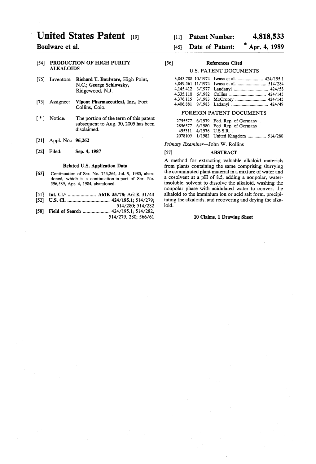 United States Patent [191 [11] Patent Number: 4,818,533 Boulware Et Al