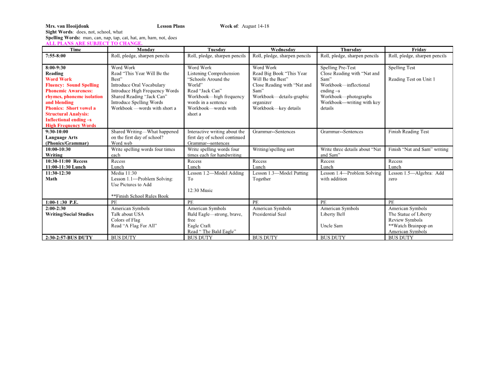 Mrs. Van Hooijdonk Lesson Plans Week of : August 14-18