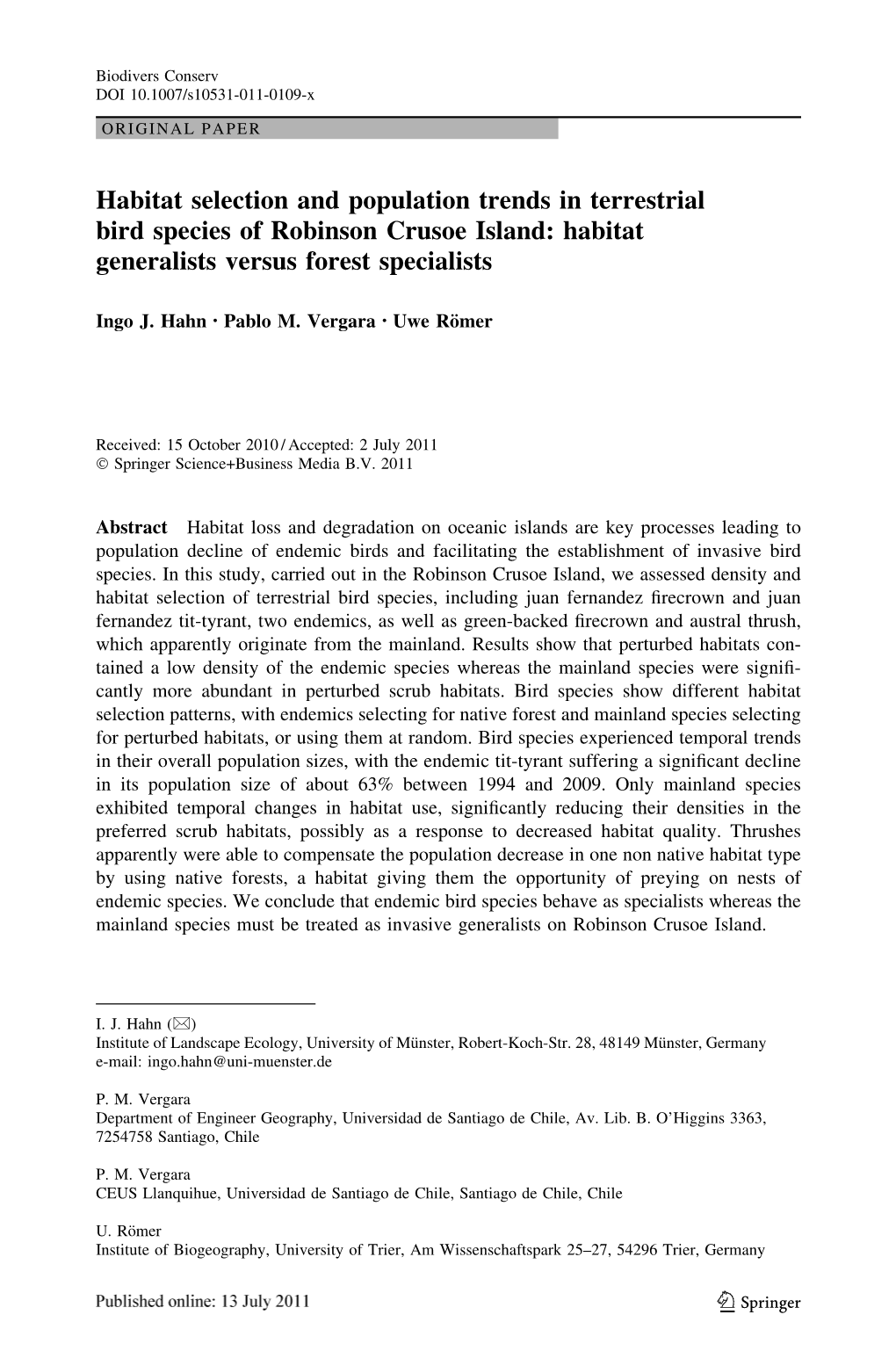 Habitat Selection and Population Trends in Terrestrial Bird Species of Robinson Crusoe Island: Habitat Generalists Versus Forest Specialists