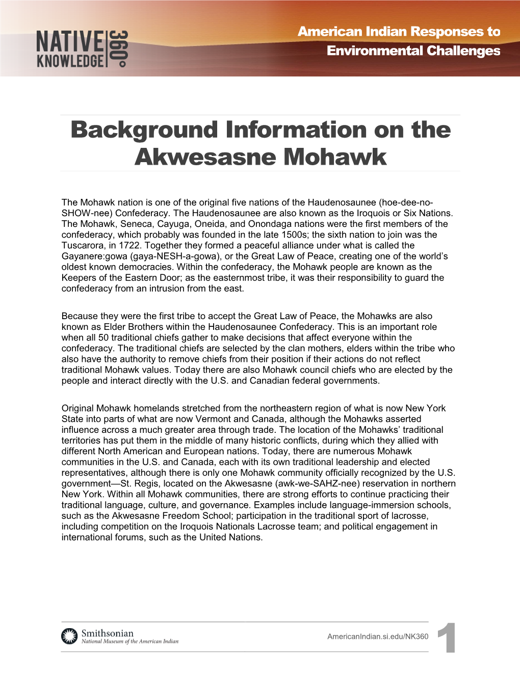 Background Information on the Akwesasne Mohawk