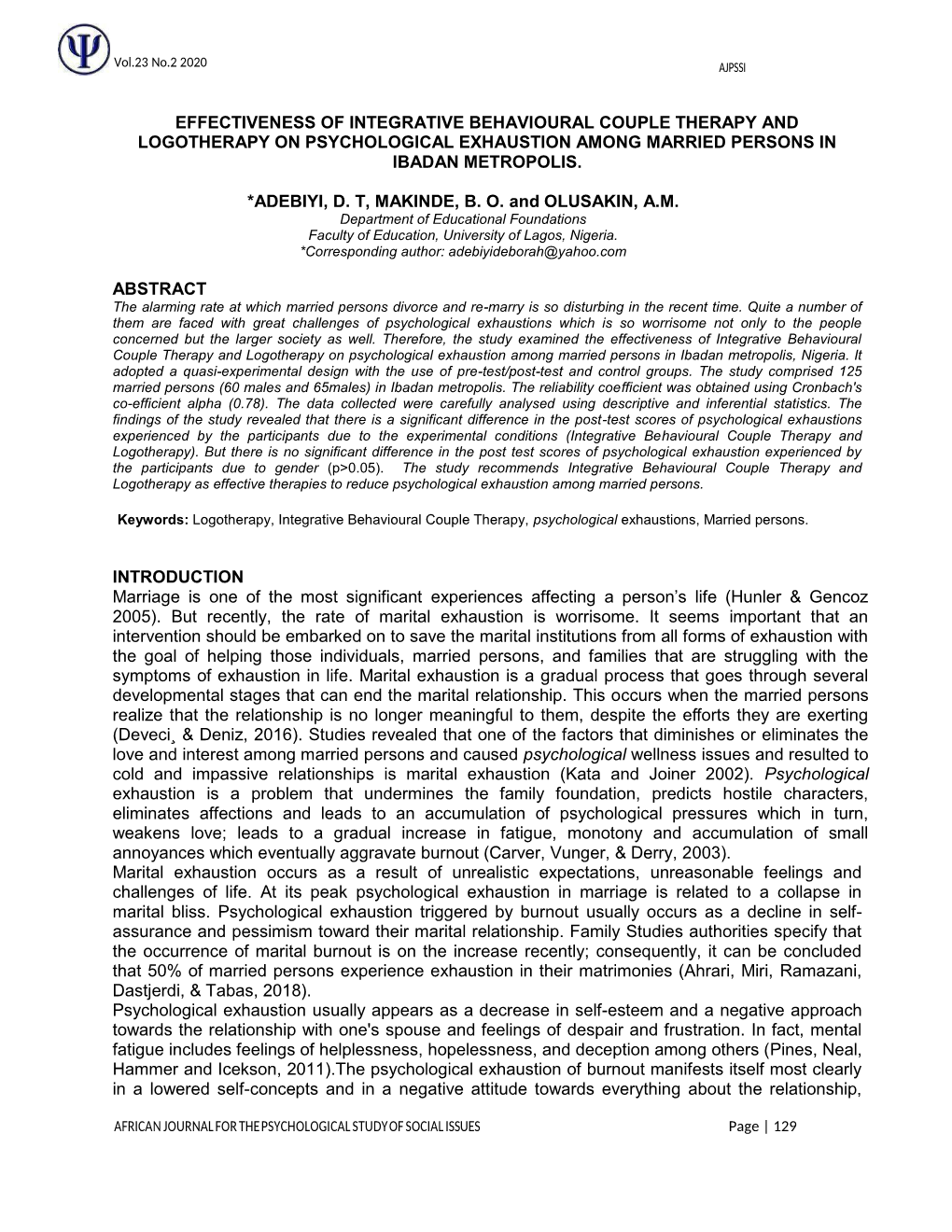 Effectiveness of Integrative Behavioural Couple Therapy and Logotherapy on Psychological Exhaustion Among Married Persons in Ibadan Metropolis