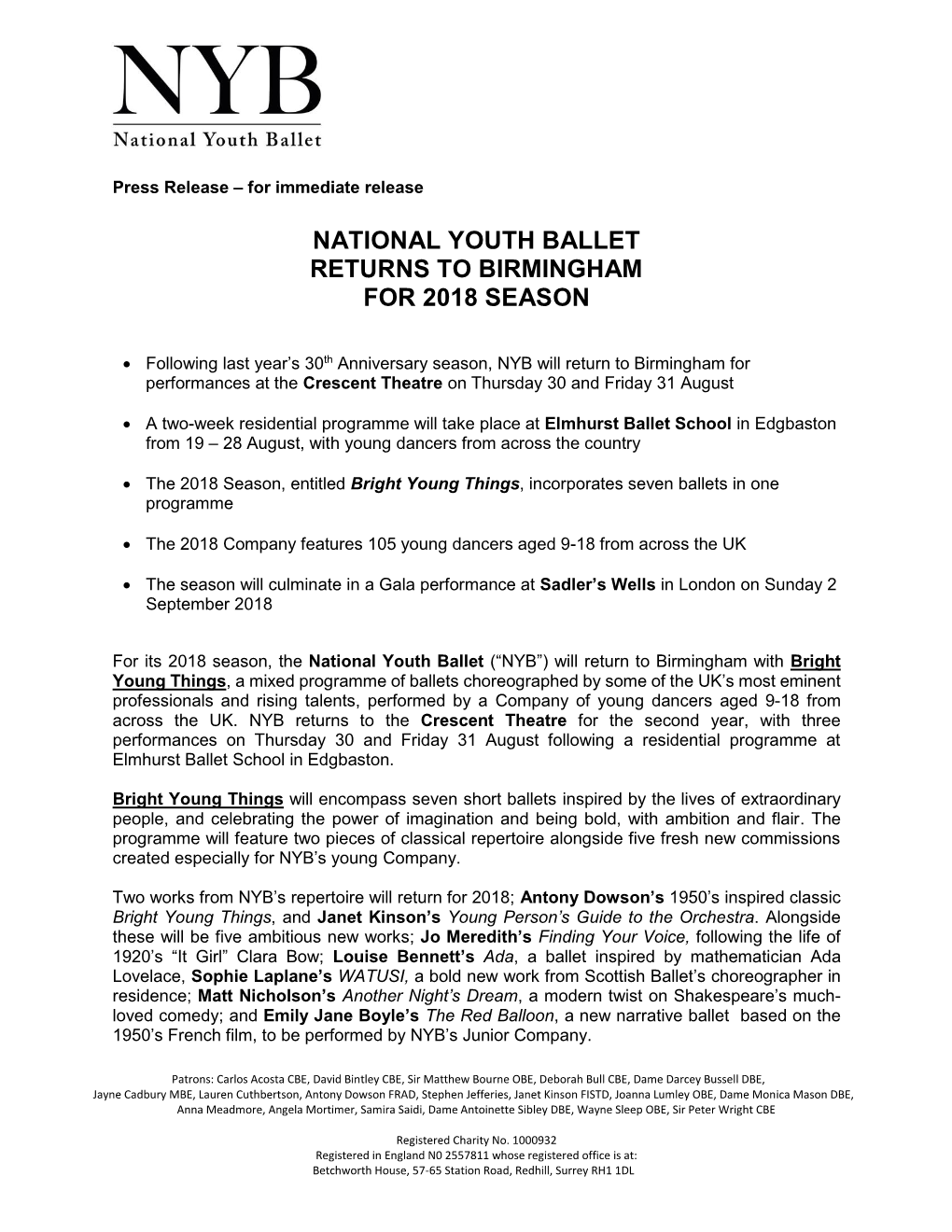 National Youth Ballet Returns to Birmingham for 2018 Season