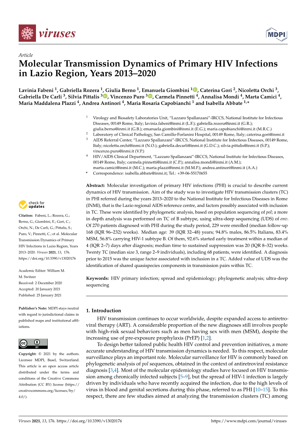 Molecular Transmission Dynamics of Primary HIV Infections in Lazio Region, Years 2013–2020