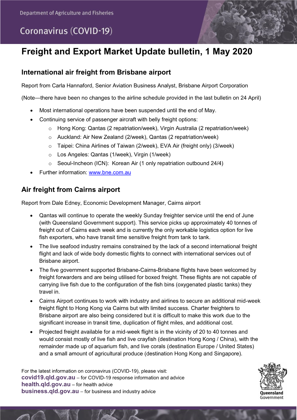 Freight and Export Market Update Bulletin, 1 May 2020
