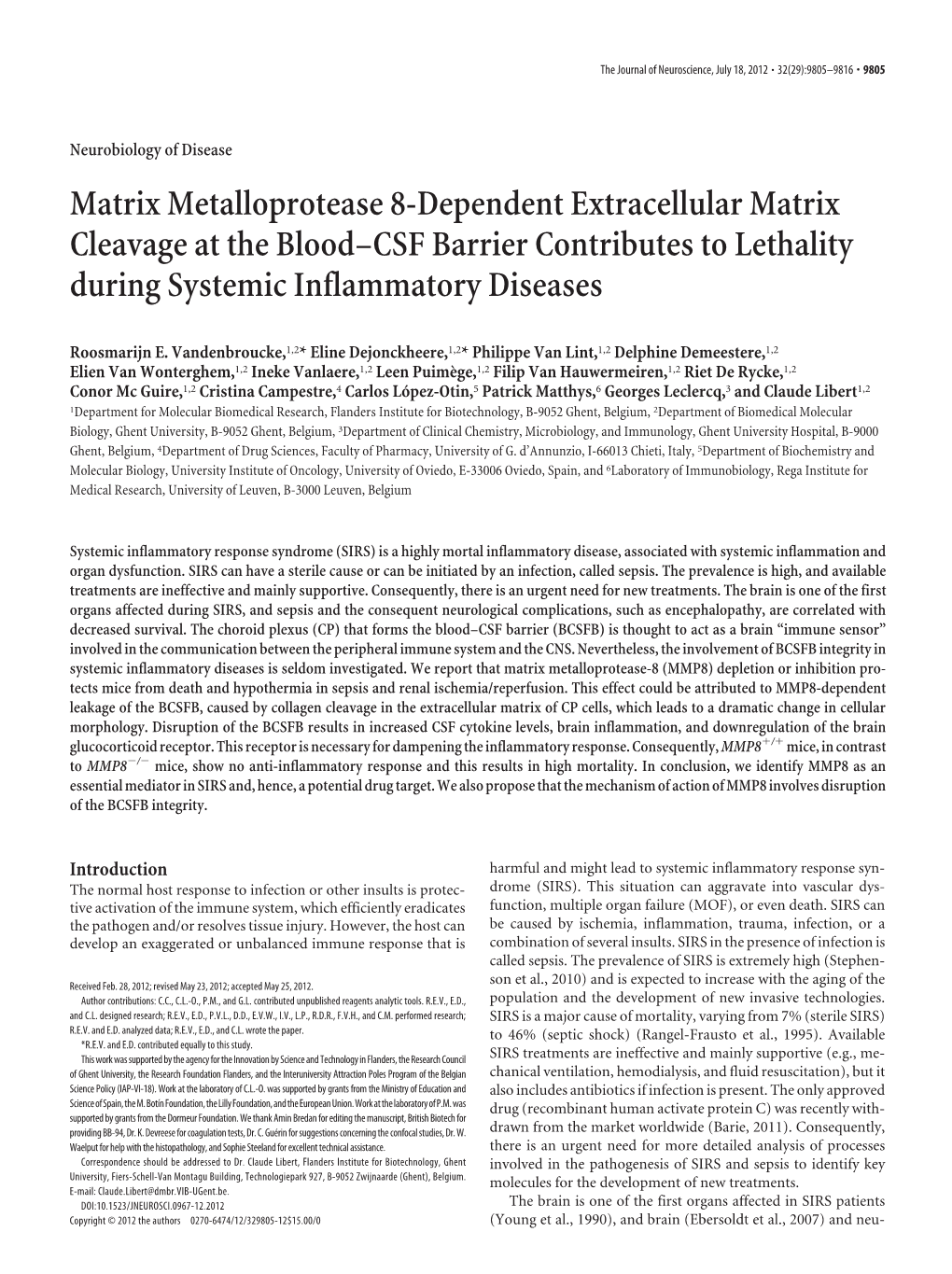 Matrix Metalloprotease 8-Dependent Extracellular Matrix Cleavage at the Blood–CSF Barrier Contributes to Lethality During Systemic Inflammatory Diseases