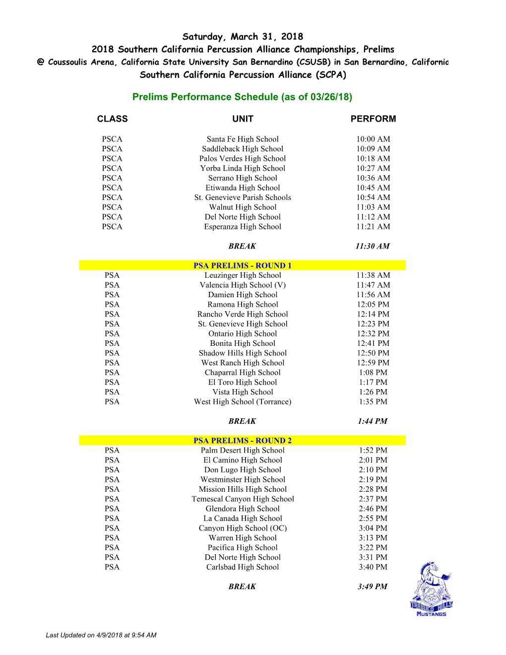 Prelims Performance Schedule (As of 03/26/18)