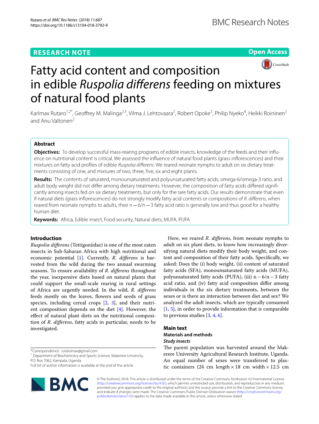 Fatty Acid Content and Composition in Edible Ruspolia Differens Feeding