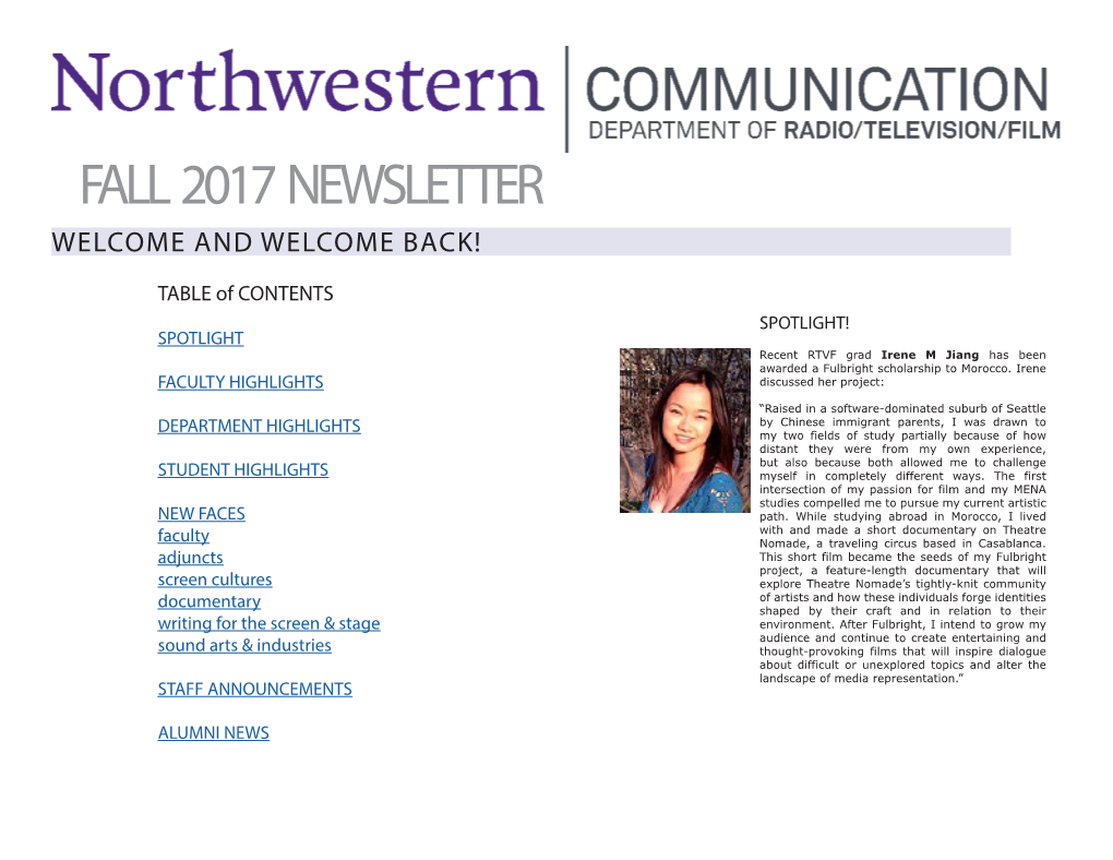 Fall 2017 Newsletter Welcome and Welcome Back!