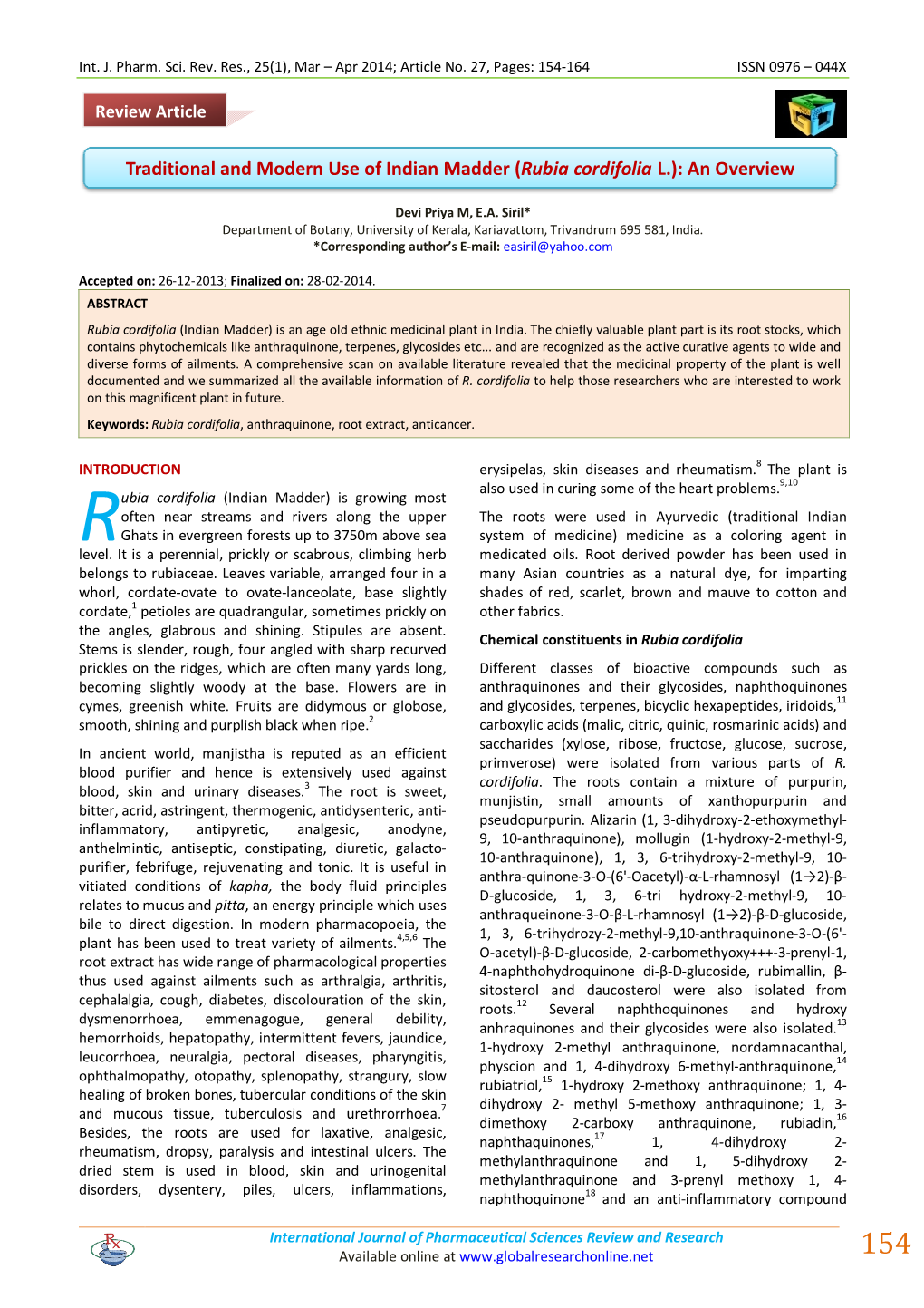 Traditional and Modern Use of Indian Madder (Rubia Cordifolia L.): an Overview