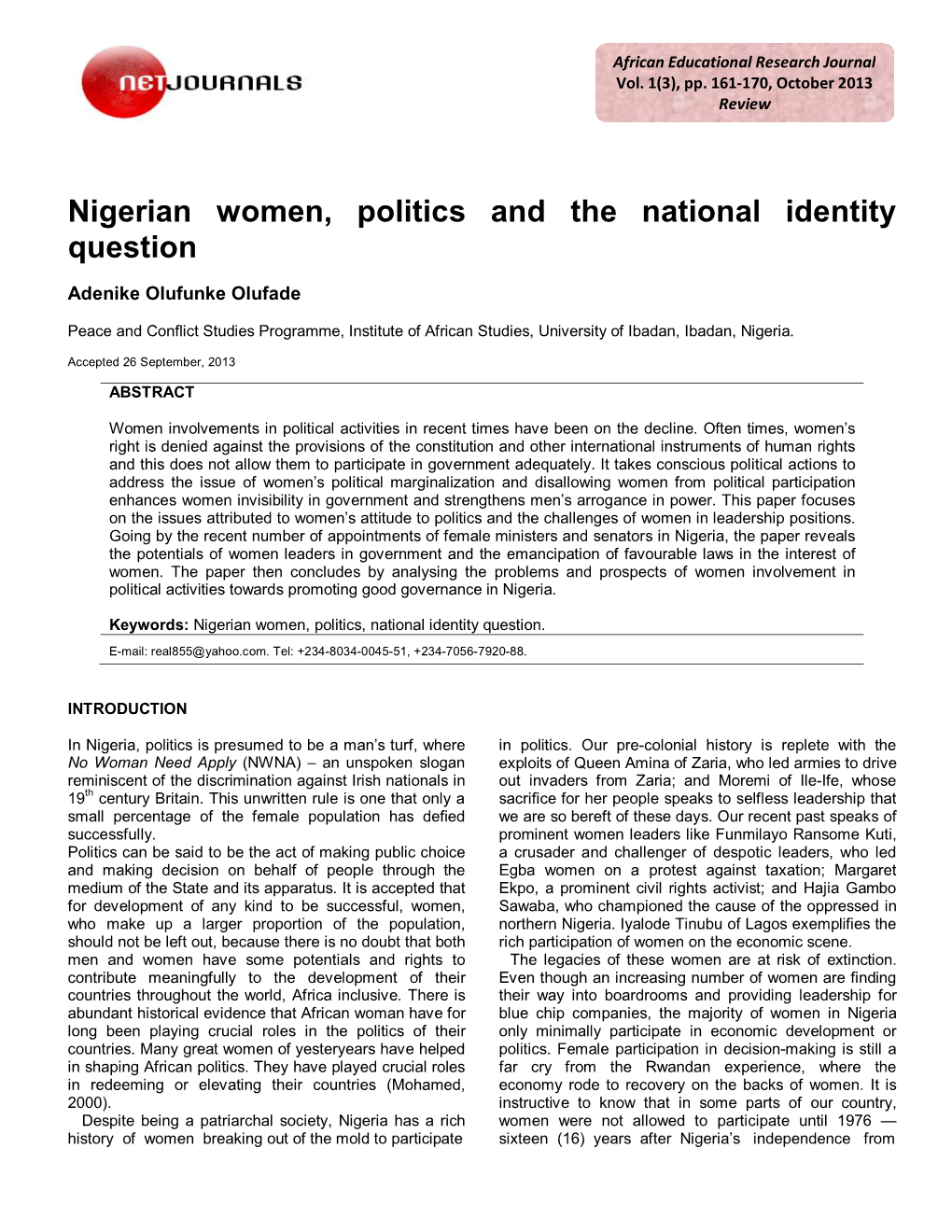 Nigerian Women, Politics and the National Identity Question