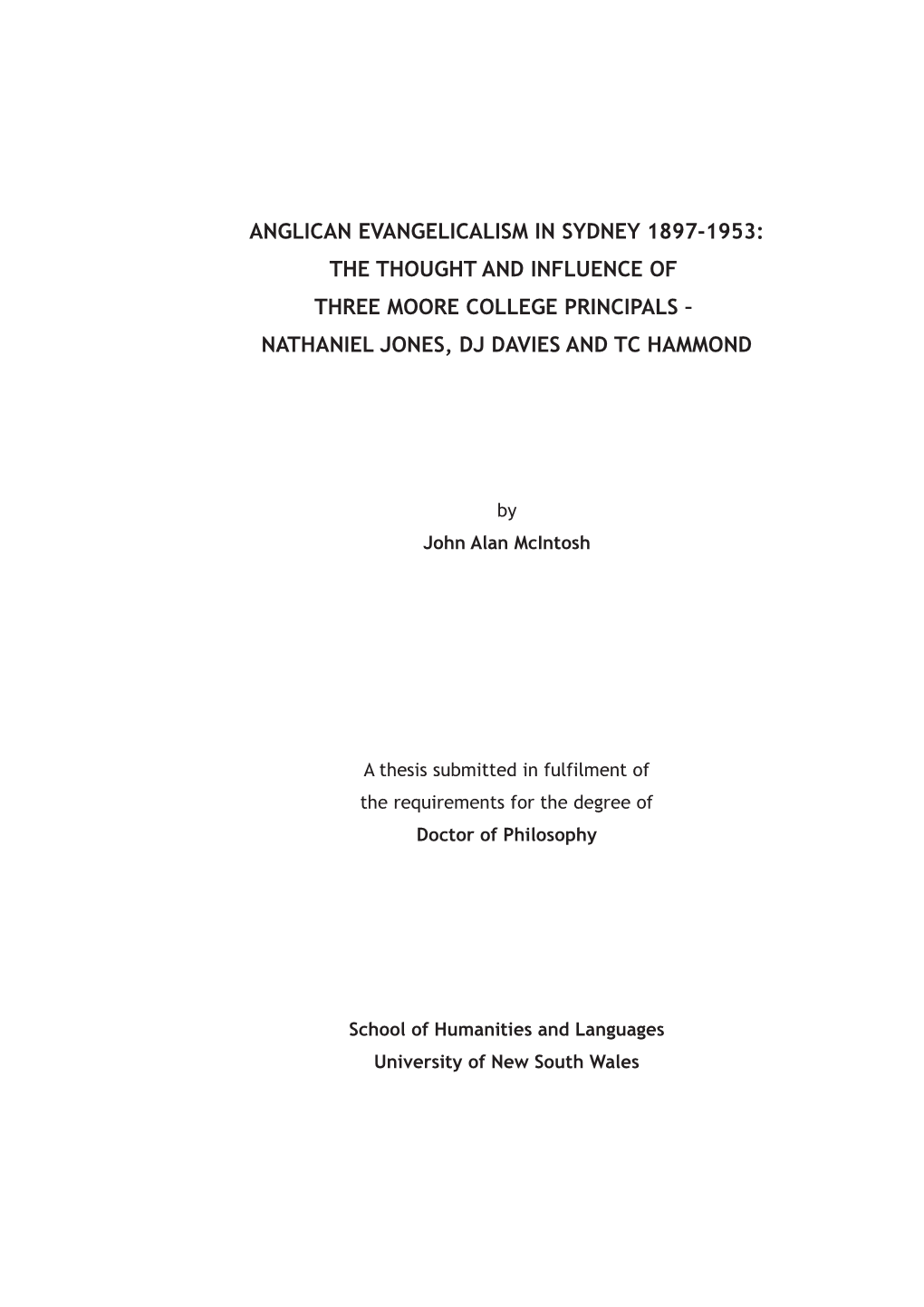 Anglican Evangelicalism in Sydney 1897 1953