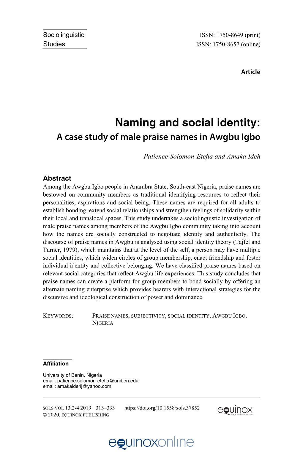 Naming and Social Identity: a Case Study of Male Praise Names in Awgbu Igbo