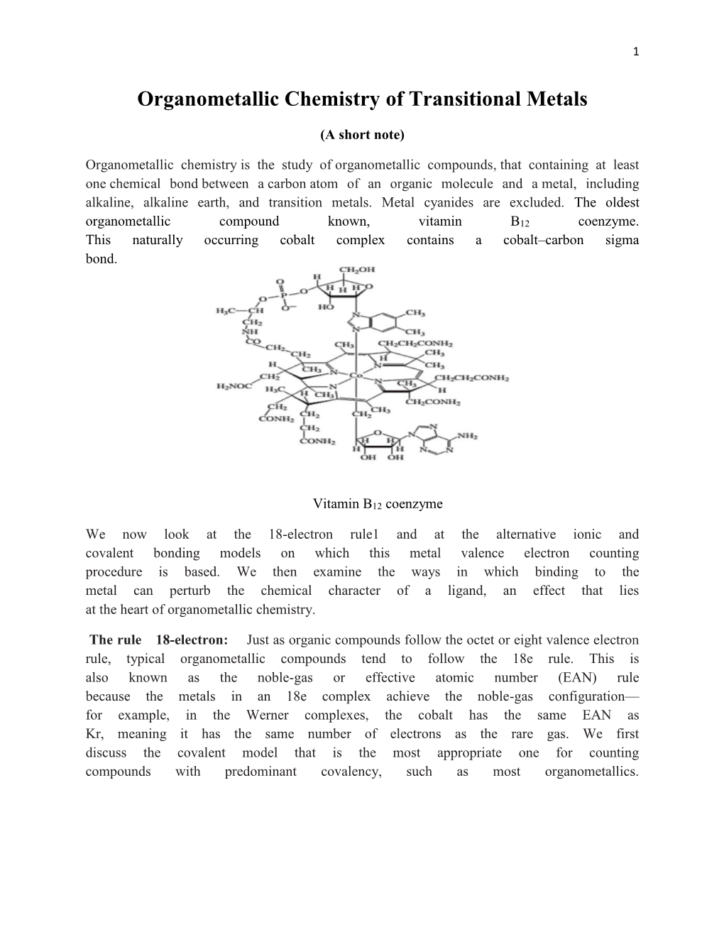 Organometallic Chemistry of Transitional Metals