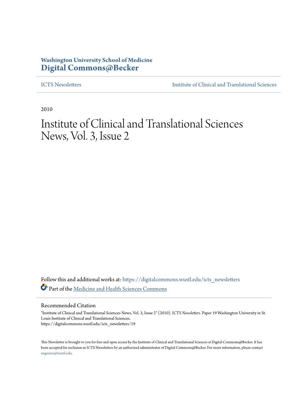 Institute of Clinical and Translational Sciences News, Vol. 3, Issue 2