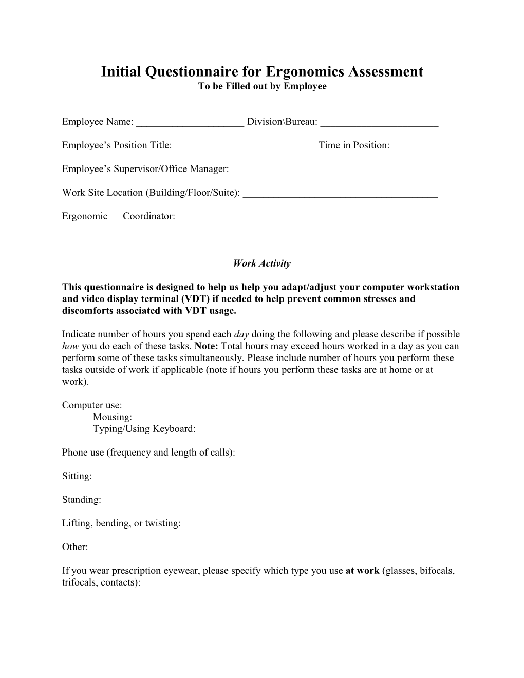 Initial Questionnaire for Ergonomics Assessment