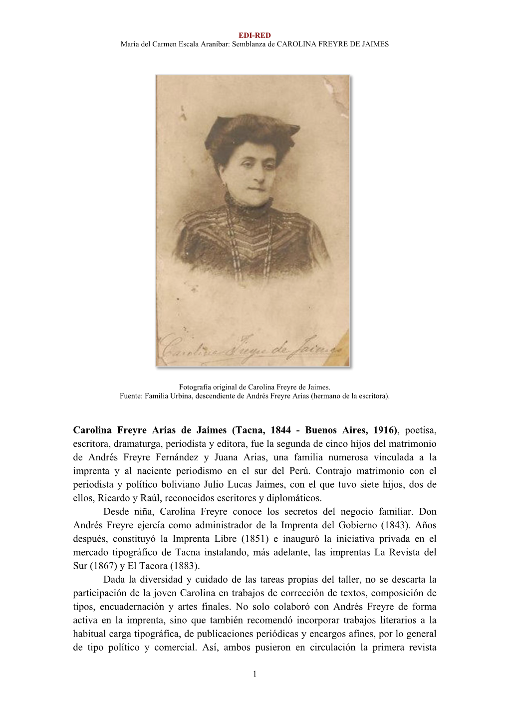 Carolina Freyre Arias De Jaimes (Tacna, 1844