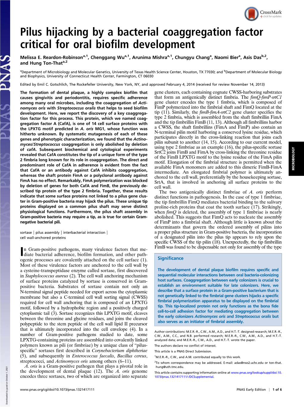 Pilus Hijacking by a Bacterial Coaggregation Factor Critical for Oral Biofilm Development