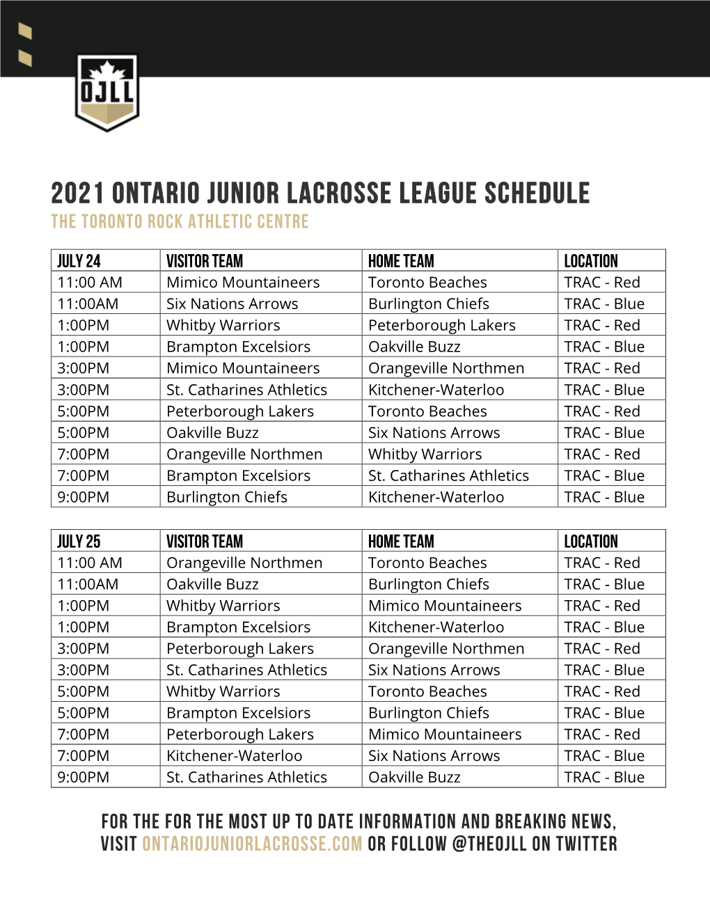 2021 Ontario Junior Lacrosse League Schedule the Toronto Rock Athletic Centre