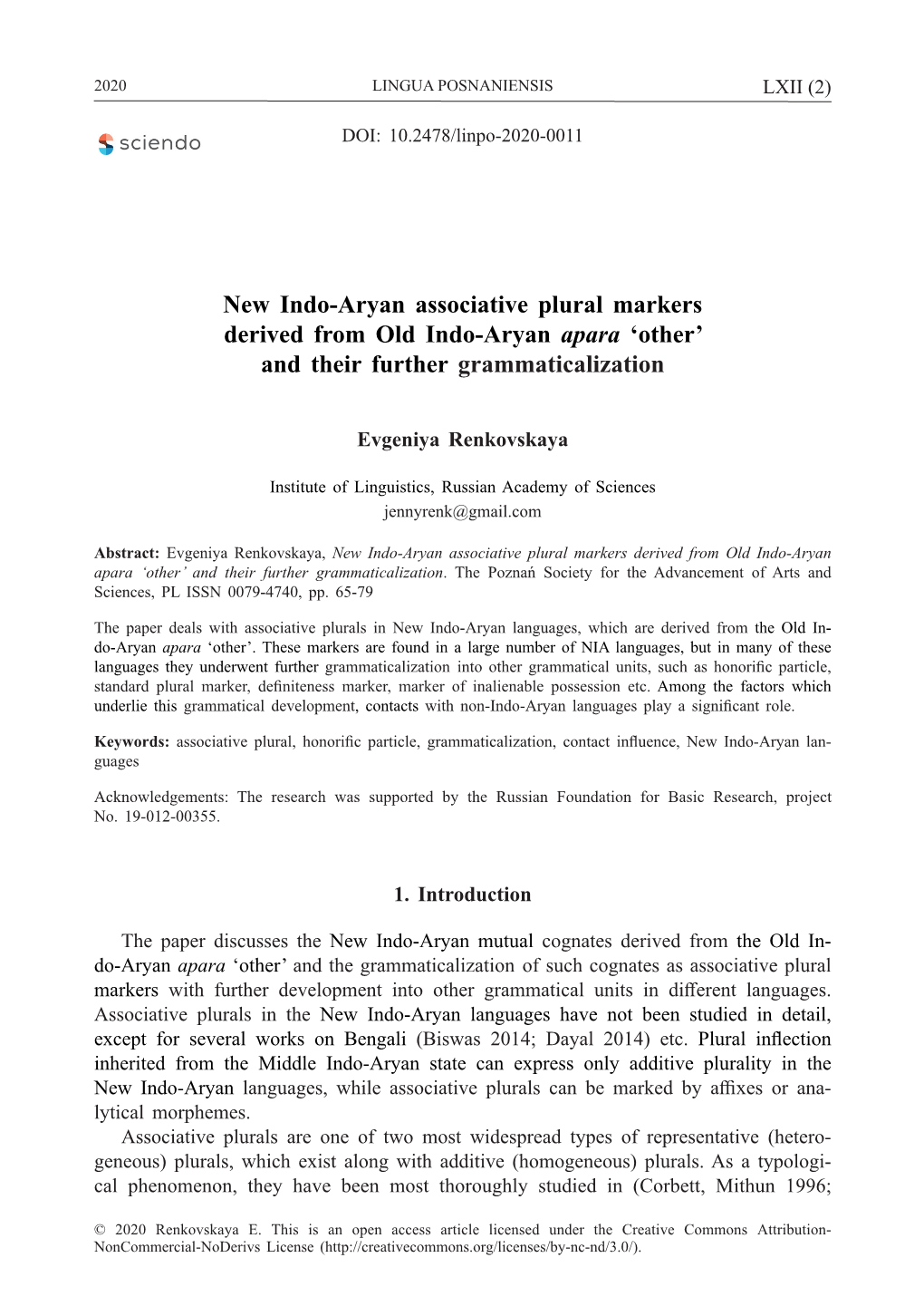 New Indo-Aryan Associative Plural Markers Derived from Old Indo-Aryan Apara ‘Other’ and Their Further Grammaticalization