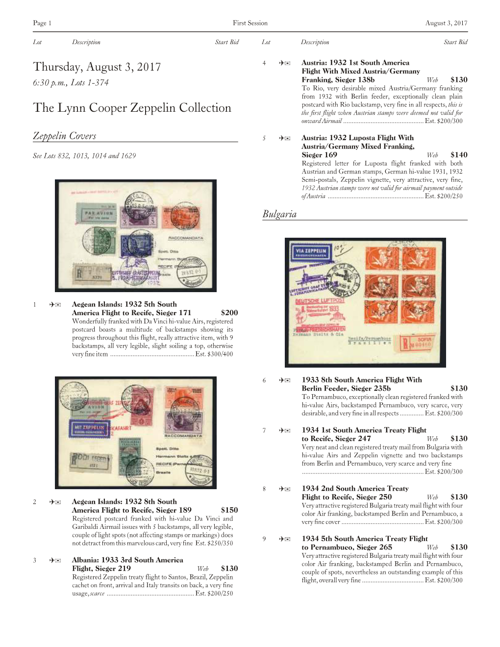 The Lynn Cooper Zeppelin Collection the First Flight When Austrian Stamps Were Deemed Not Valid for Onward Airmail